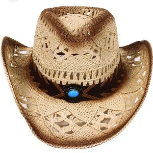 Stylish Tan Cowboy Hat with Blue Accent NWOT